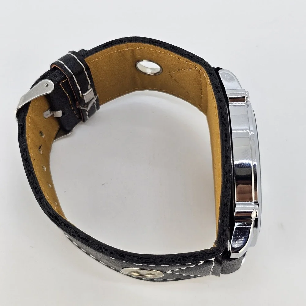 50MM Men's Analog Watch Black Dial Black Faux Wide Leather Bands New Battery